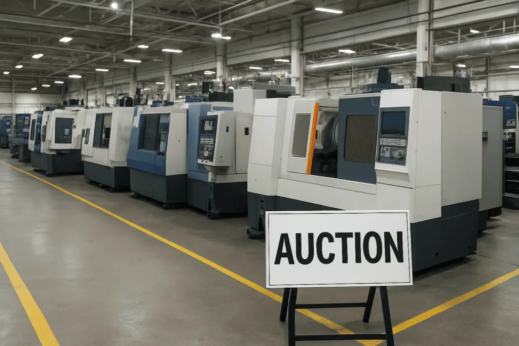 Auction sign in a large, empty factory with rows of industrial machines, signaling a business liquidation event.