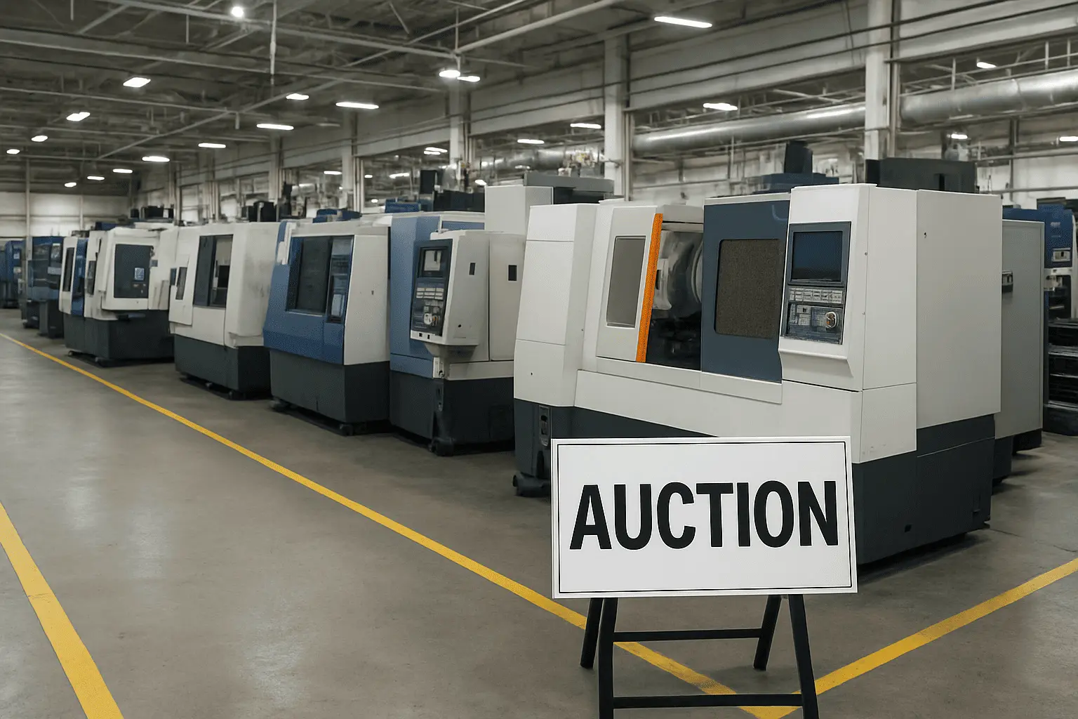 Auction sign in a large, empty factory with rows of industrial machines, signaling a business liquidation event.