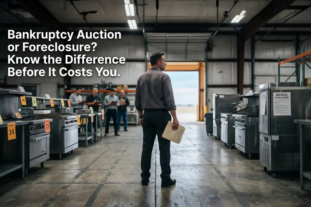 Man in warehouse viewing bankruptcy auctions vs. foreclosure sales.
