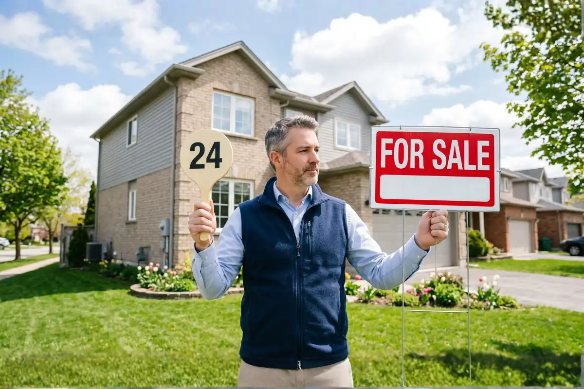Man holding for sale sign of auction vs traditional real estate sale in Canada.