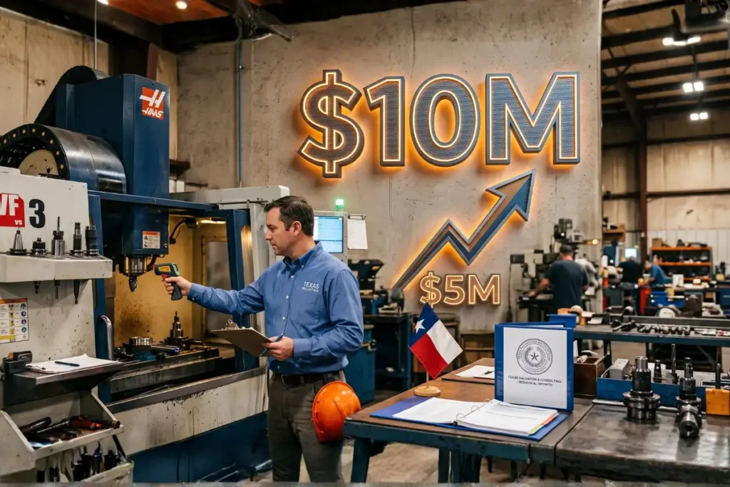 An inspector measures factory equipment with a laser tool. An illuminated ten million dollar sign with an upward arrow rising from five million dollars represents an SBA loan limit increase 2026 equipment appraisal.