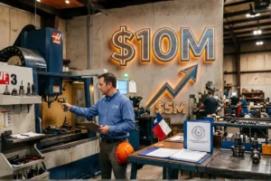 An inspector measures factory equipment with a laser tool. An illuminated ten million dollar sign with an upward arrow rising from five million dollars represents an SBA loan limit increase 2026 equipment appraisal.
